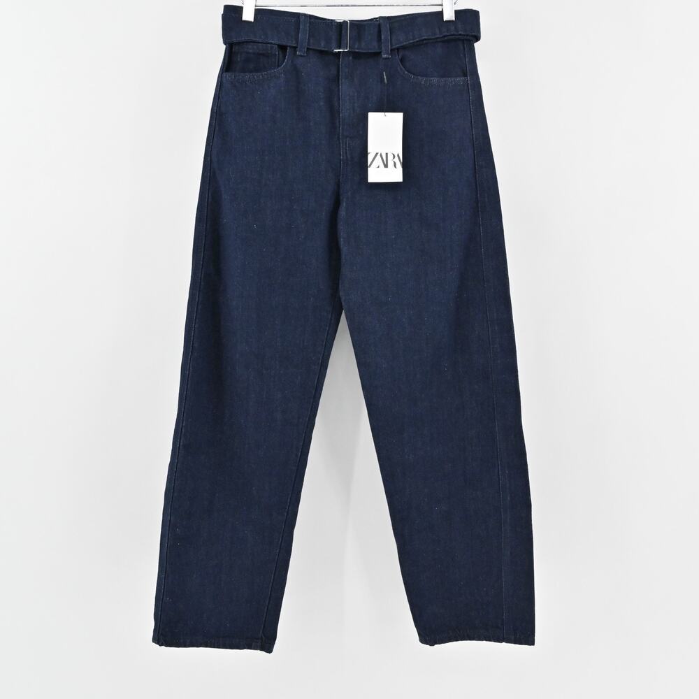 Zara Womens Wide Leg Jeans Size 4 Blue High Rise Belted‎ Denim Pant Western NEW